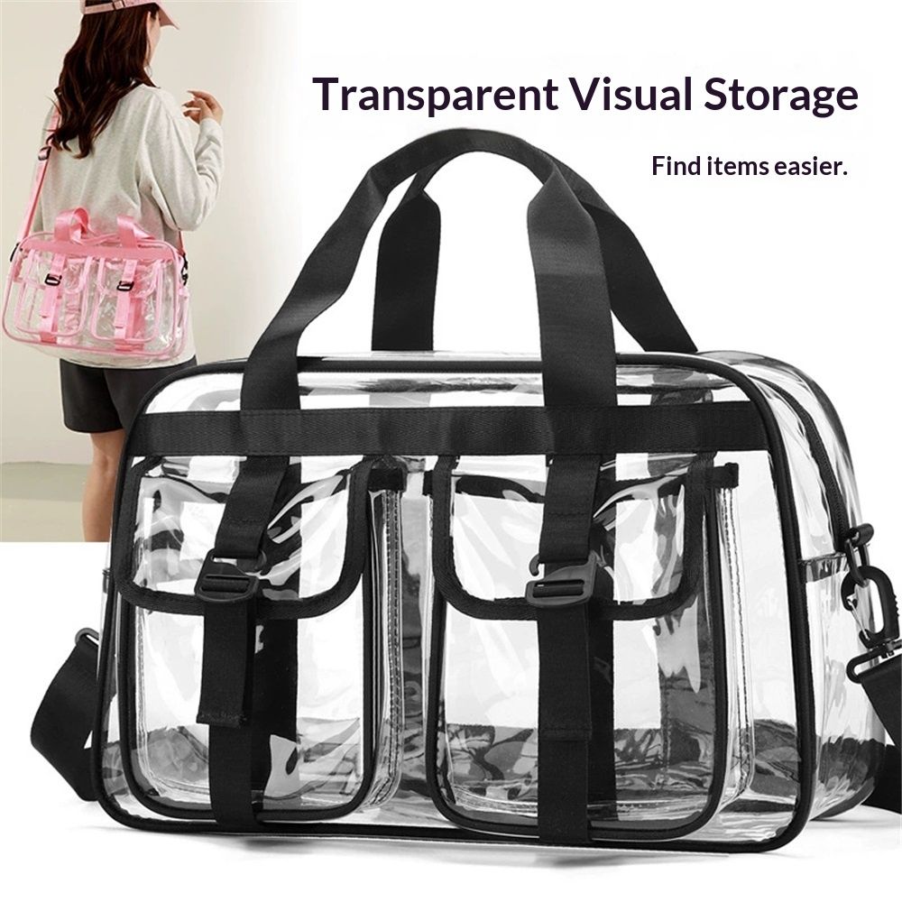 Large Clear Tote Bag for Duffle, Clear Beach Bag for Travel Work, Big Transparent See Through Plastic Bags for Gym Toiletry Makeup Organizer（black）