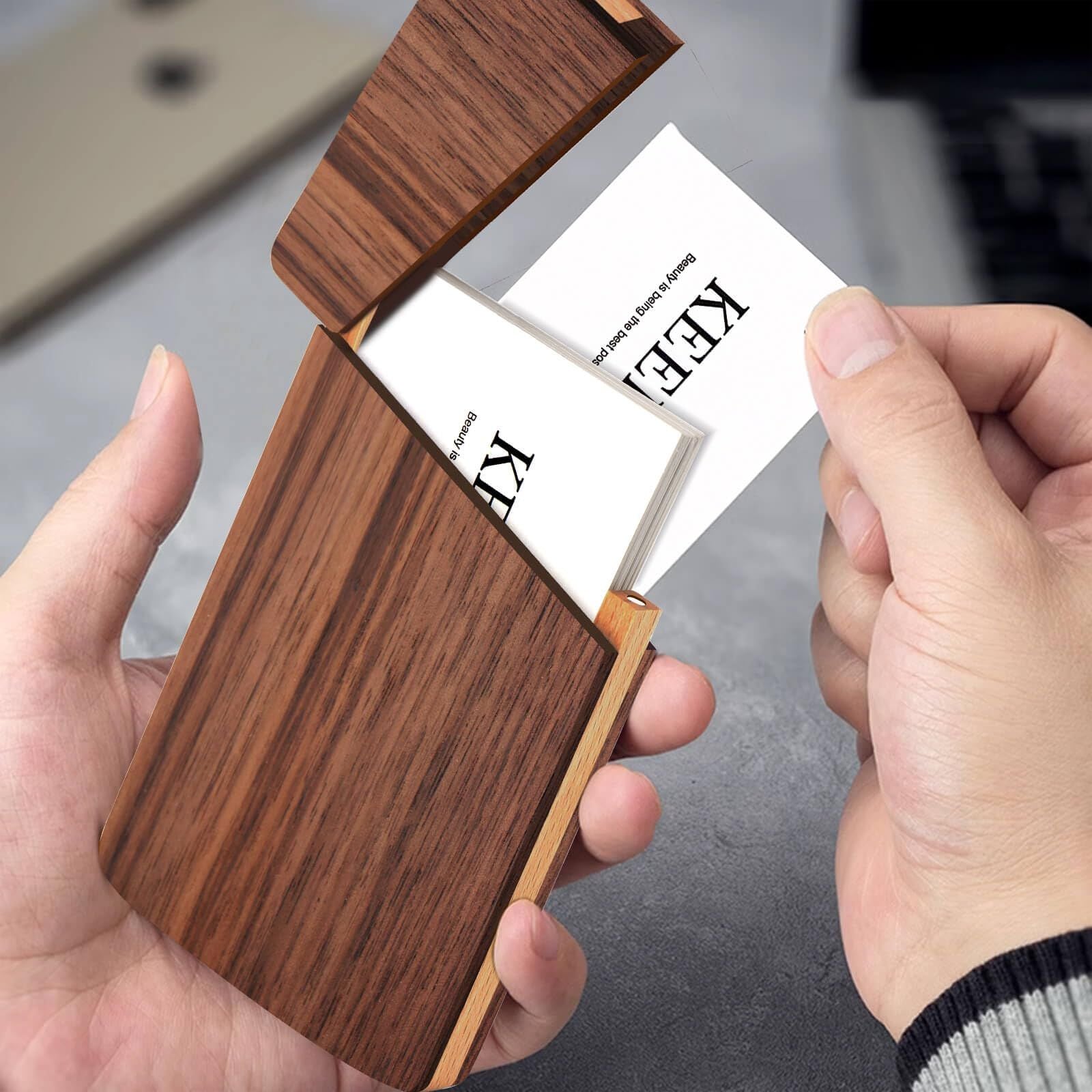 Wood Business Card Holder Wooden Magnetic Business Card Case Portable Simple (Black Walnut)