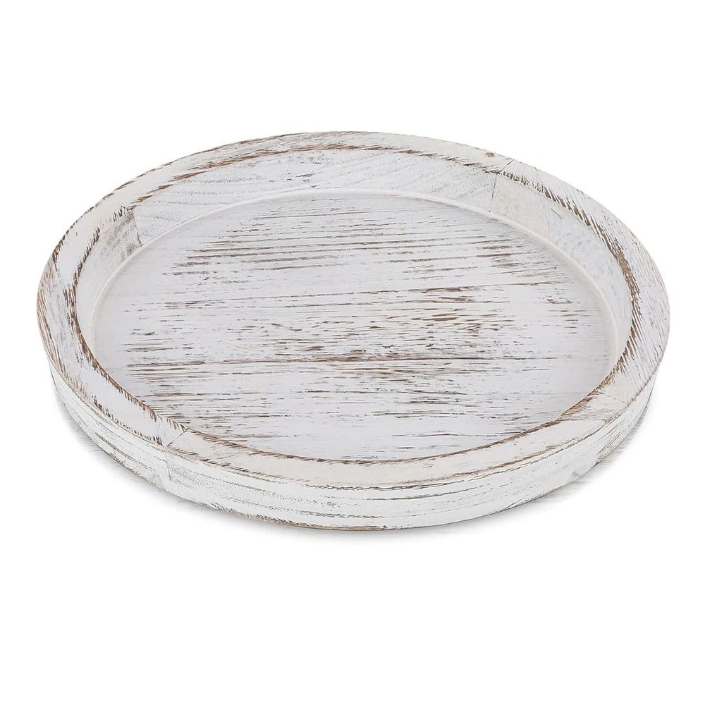 Rustic Wooden Tray Candle Holder - Round Wood Decorative Pillar Candle Tray for Coffee Table Farmhouse Kitchen Countertop Organizer Home Decor Wedding Centerpiece, Distressed White