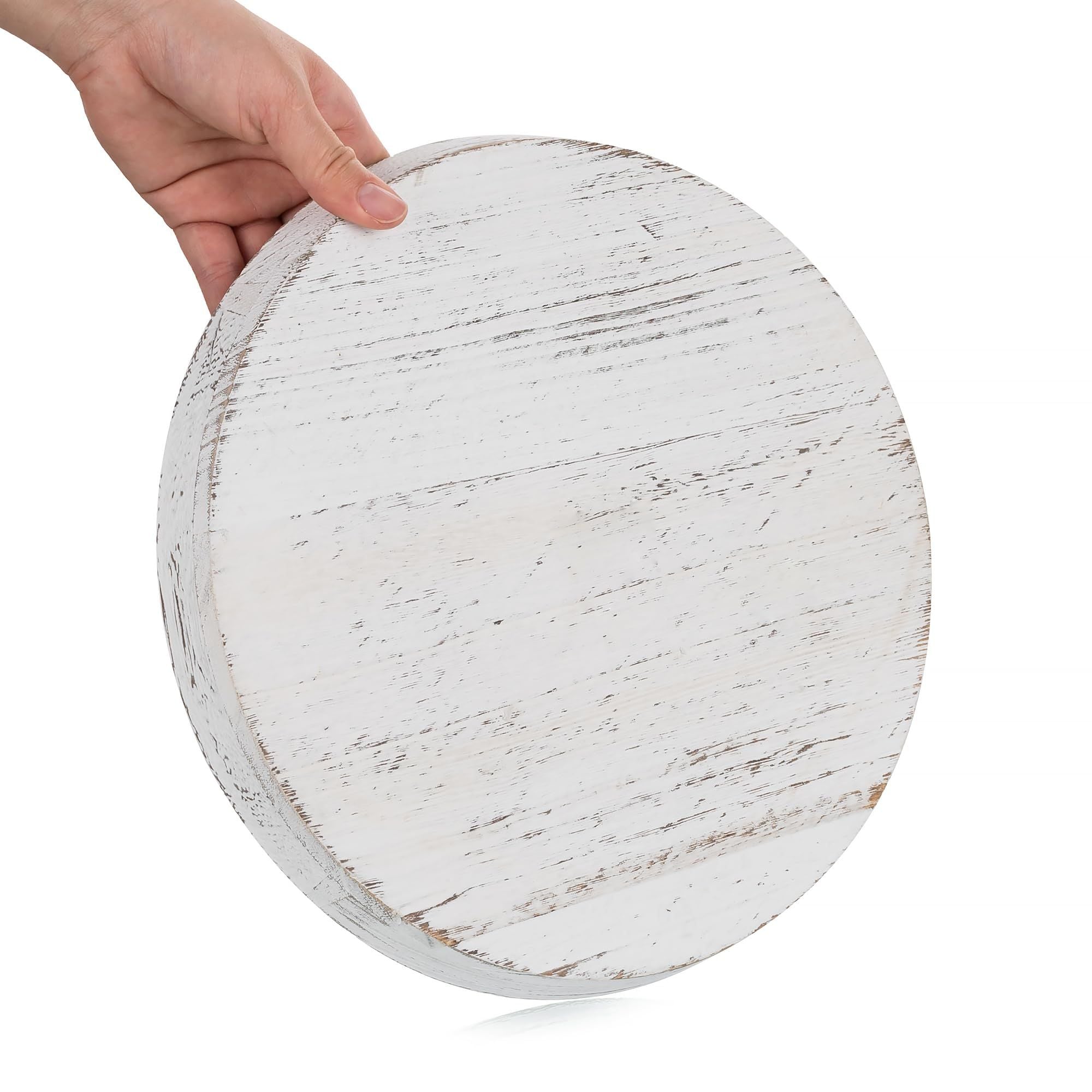 Rustic Wooden Tray Candle Holder - Round Wood Decorative Pillar Candle Tray for Coffee Table Farmhouse Kitchen Countertop Organizer Home Decor Wedding Centerpiece, Distressed White