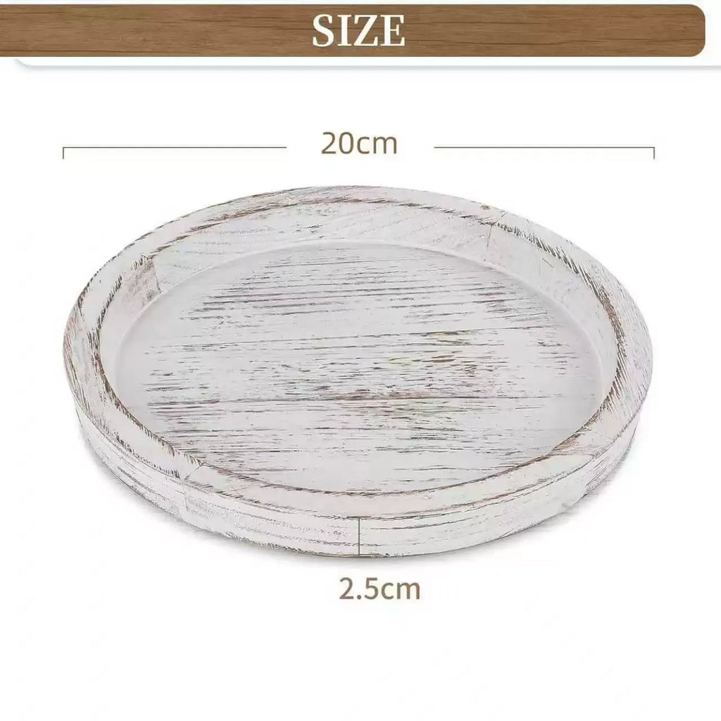 Rustic Wooden Tray Candle Holder - Round Wood Decorative Pillar Candle Tray for Coffee Table Farmhouse Kitchen Countertop Organizer Home Decor Wedding Centerpiece, Distressed White