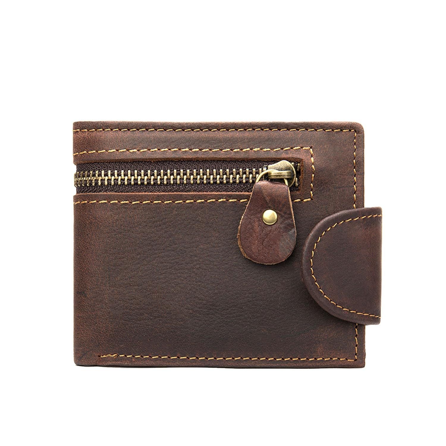 Leather Snap Wallet for Men, Multifunctional Large Capacity Vintage Wallet Bifold Zipper Wallet Men Short Head Cowhide Wallet (Brown)
