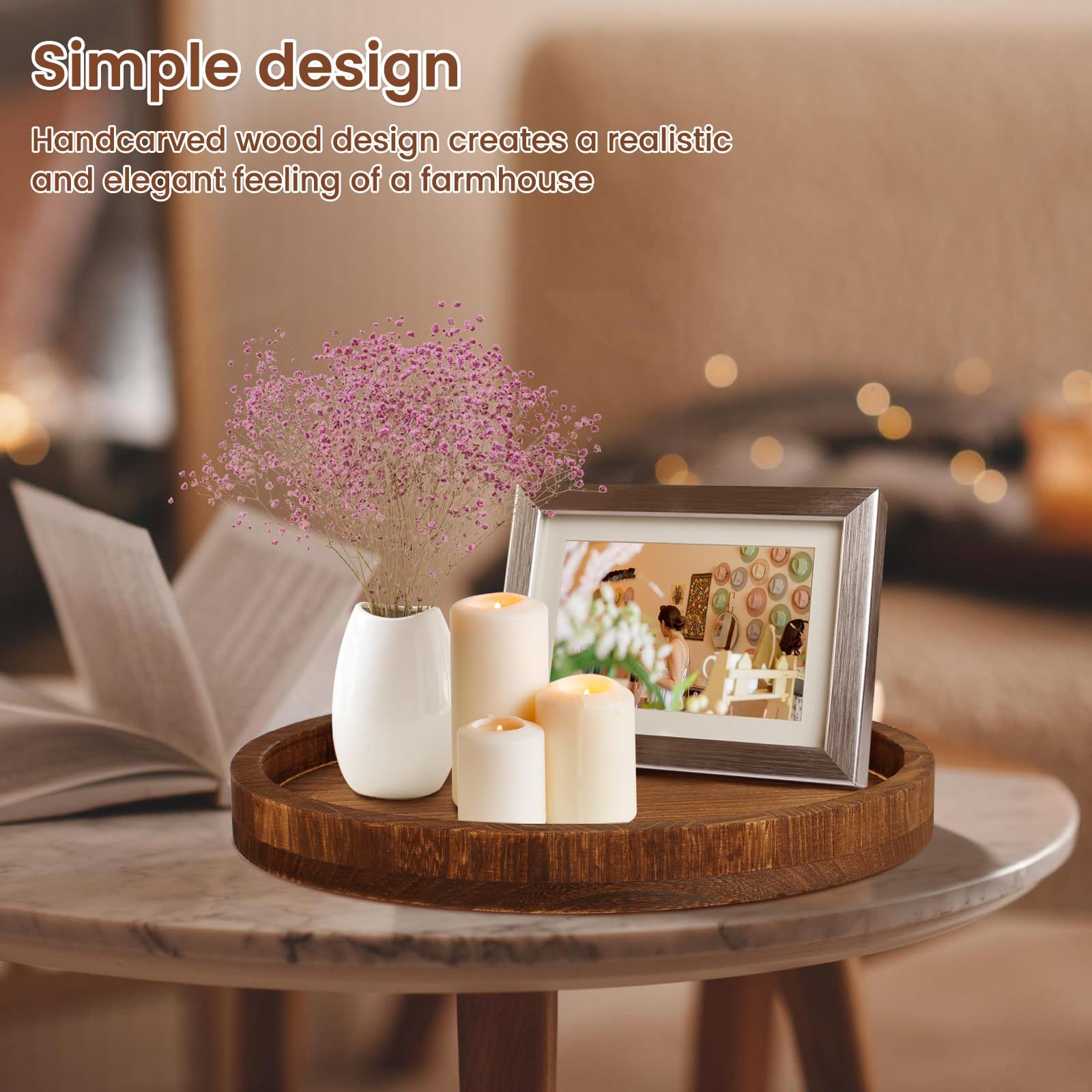 Wooden Tray for Coffee Table: Candle Holder Plate Round Decorative Serving Tray - Vintage Table Centerpiece Rustic Farmhouse Home Decor（Brown 24x24x3cm ）