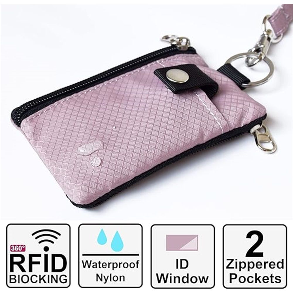 Minimalist  Blocking Small Wallet with ID Window,WaterResistant Zip Id Case Wallet with Lanyard Keychain for Cards,Cash,Travel,Women,Men（dusty pink）