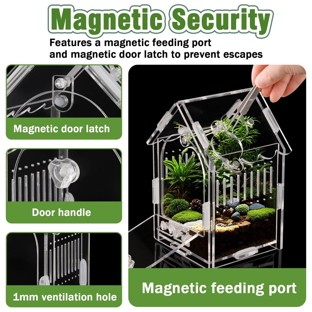 Jumping Spider Enclosure - Internal Dimensions  Acrylic Terrarium Kit for Tarantulas/Mantis/Reptiles with Magnetic Door, Ventilation & Easy Assembly（Single hinge page）