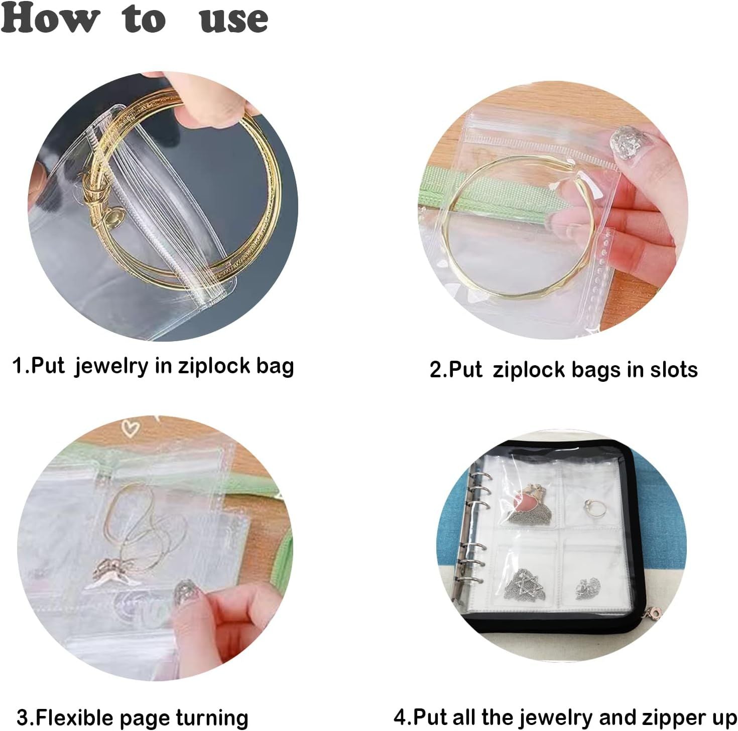 Bracelet Holder Travel Jewelry Organizer Case Transparent Jewelry Storage Book for Earring Necklace Ring with Small Clear Zippered Pouch（Pink 3-inch 4-grid+80 jewelry bags）
