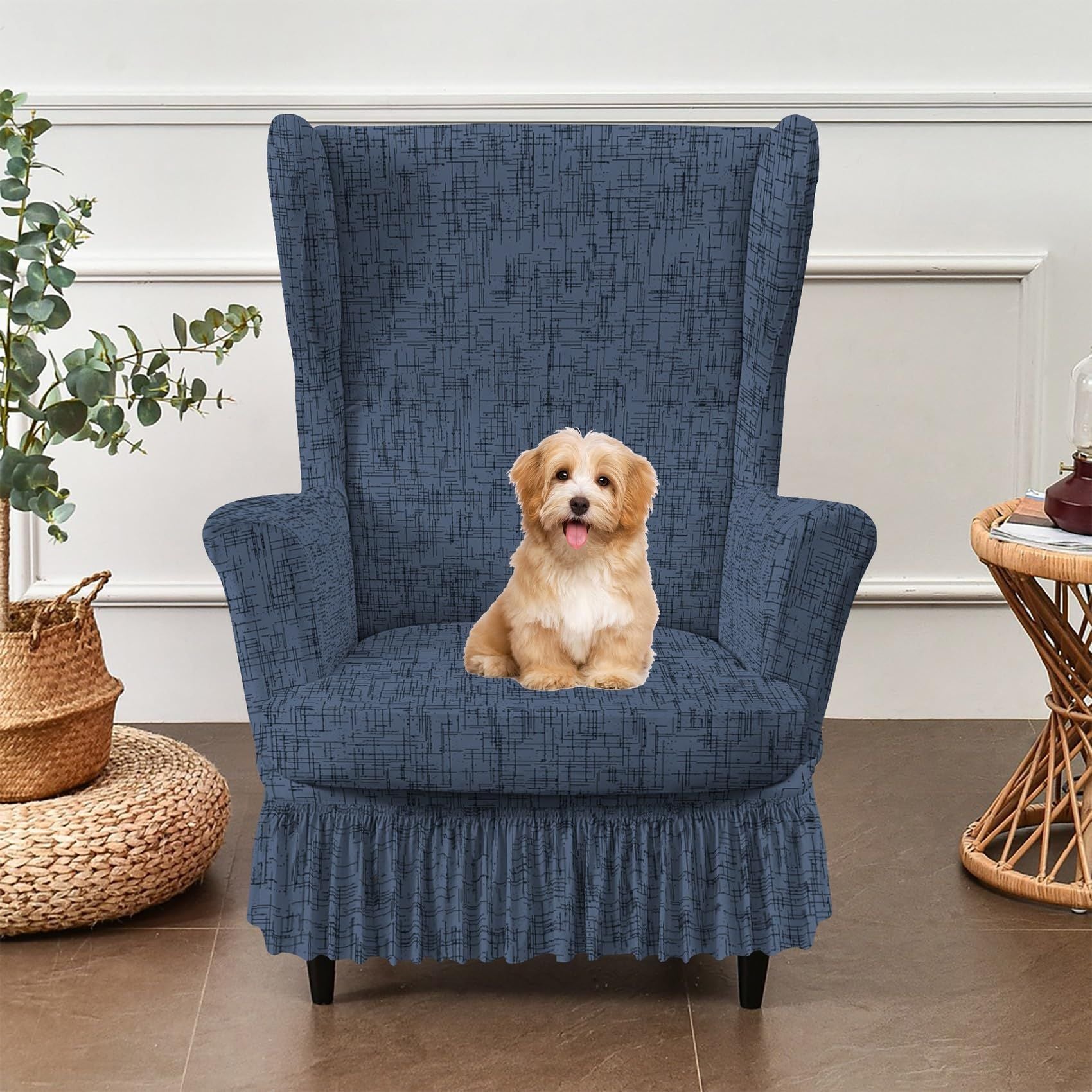 Elastic chair cover, universal chair cover with skirt, living room high back chair cover, easy to wash armchair cover (blue)