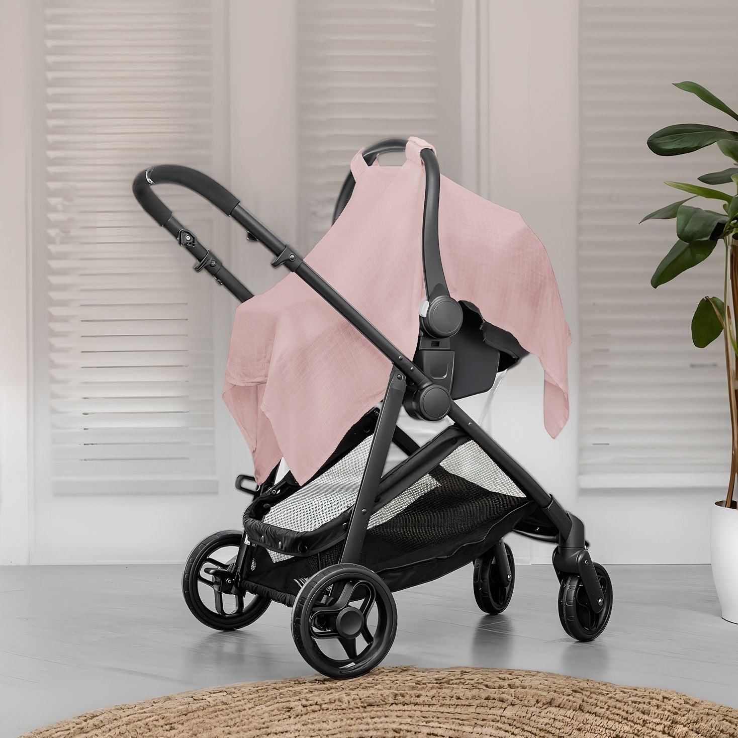 Baby car seat cover - soft, breathable - lightweight sunshade, sun protection, insect proof, comfortable - large-sized baby seat cover（pink）Only gauze