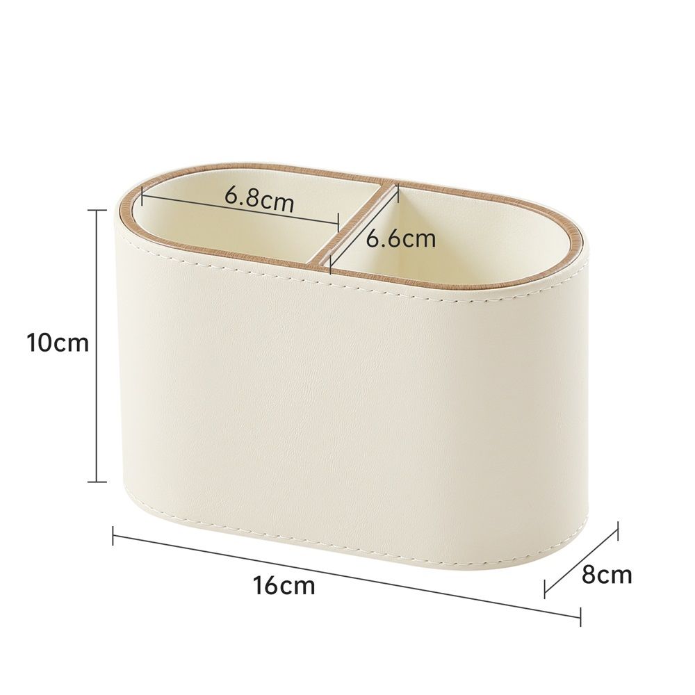 PU Leather Pen Holder for Desk, Small Remote Control Holder Pencil Cup Multifunctional Desktop Organizer Caddy for Home School Office Desk Accessories - 2 Compartments (Beige)
