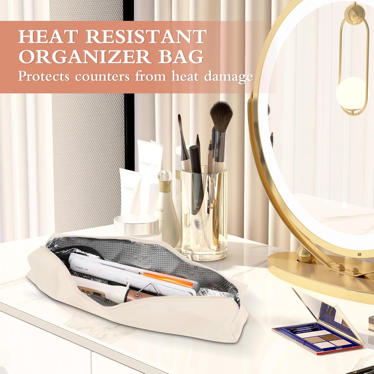 Hot Hair Tools Organizer Bag Portable Travel Heat Resistant Storage Case Pouch for Curling Irons, Flat Irons, Hair Straighteners and Styling Tools（beige）