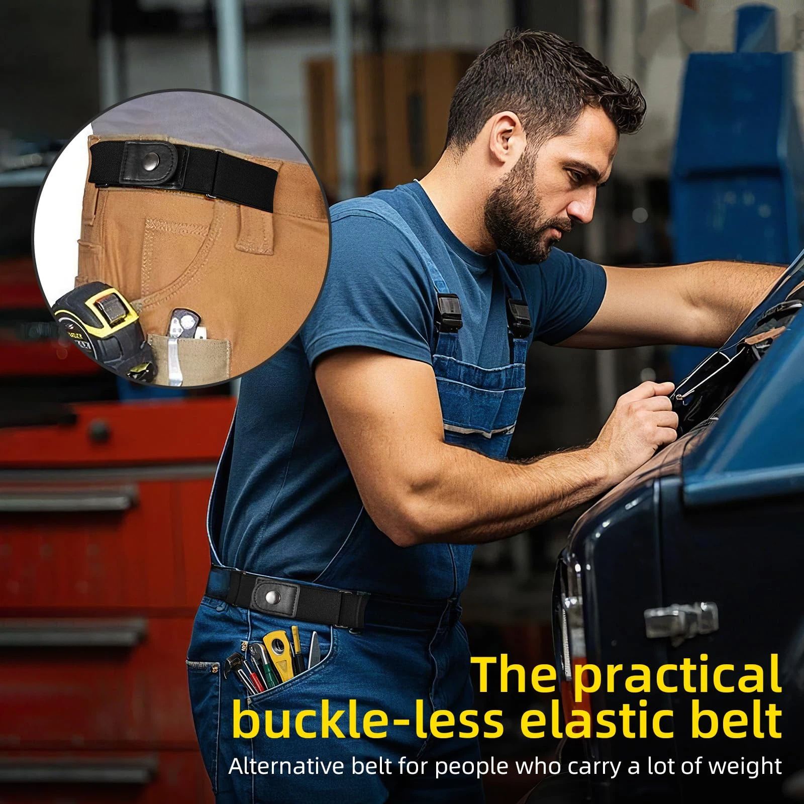 No Buckle Stretch Belt for Women/Men—2 Pack Elastic Invisible Belt for Jeans for side belts Install a side lazy waist belt（black）