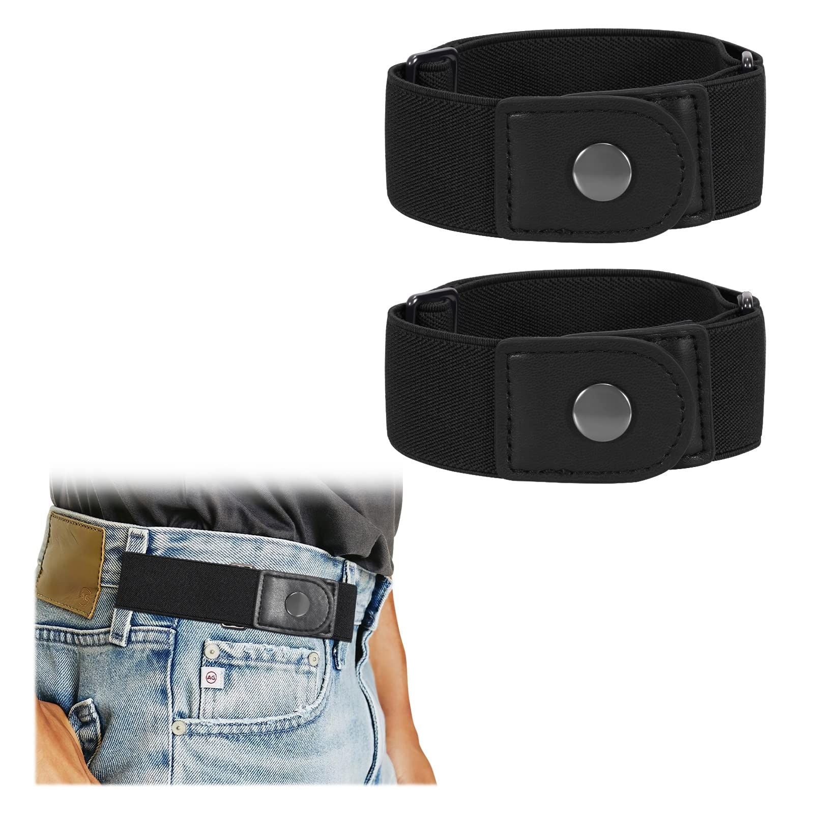 No Buckle Stretch Belt for Women/Men—2 Pack Elastic Invisible Belt for Jeans for side belts Install a side lazy waist belt（black）