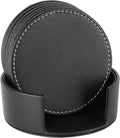 Drinks Coasters with Holder, Pu Leather Coaster Sets of 6 for Tabletop Protection Cup Mat for Drinks 4 Inches (Black)