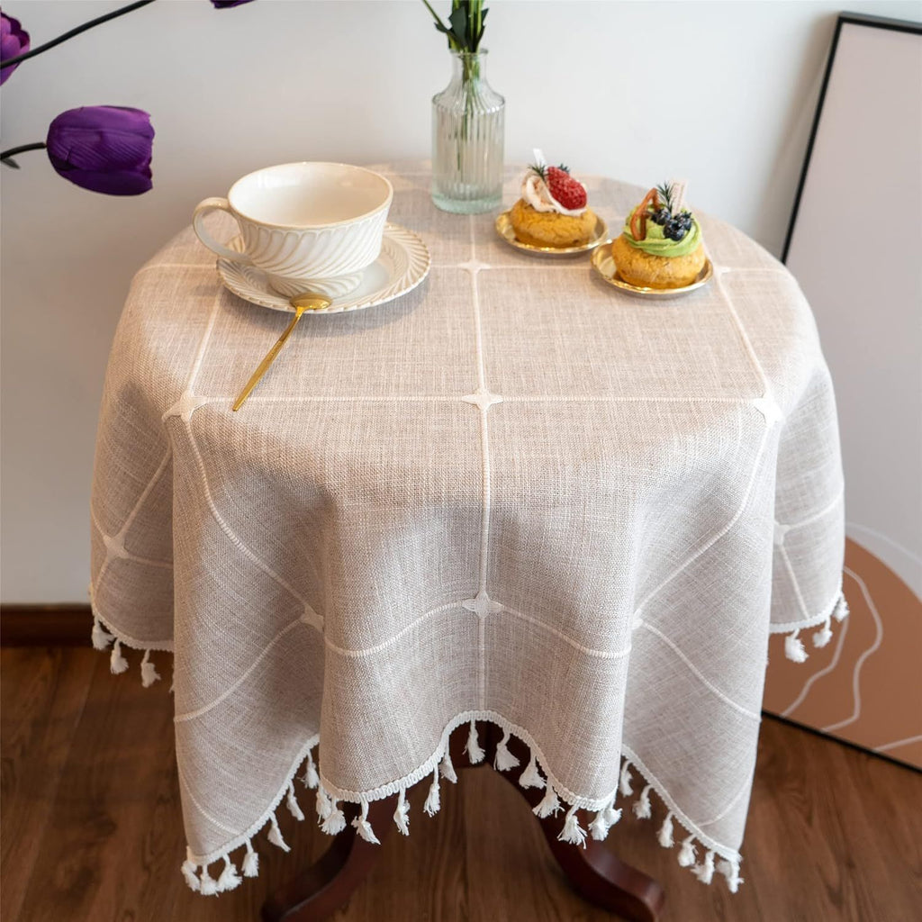 Square Lattice Small Tablecloth Cotton Linen Light Brown Dust-Proof Washable Boho Embroidery Table Cover Rustic Table Cloth for Coffee Party Kitchen Dining Tabletop Decoration 100*140cm