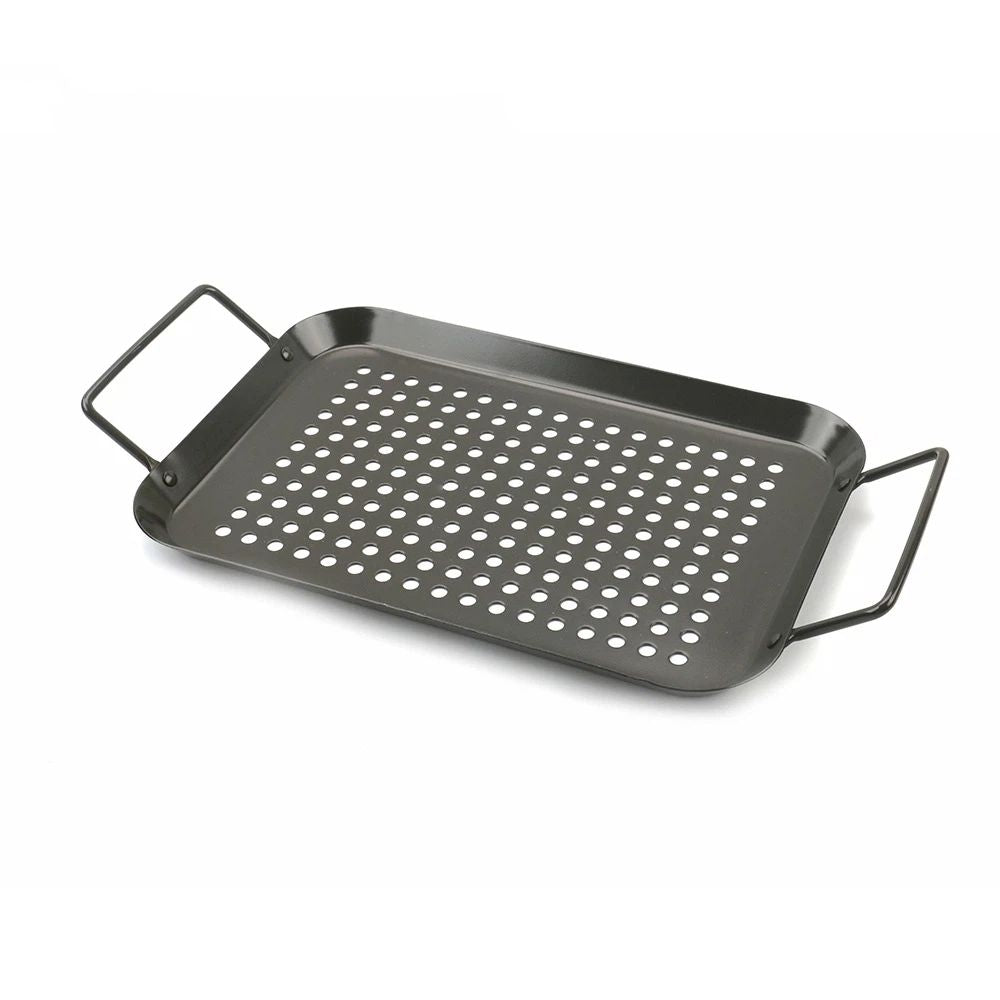 BBQ Grill Pan, Non-stick Carbon Steel BBQ Grilling Tray Vegetable Grill Pans Grill Wok Cookware Grill Accessories with Handles for Outdoor Grill Vegetables, Fish, Meat, Kabobs