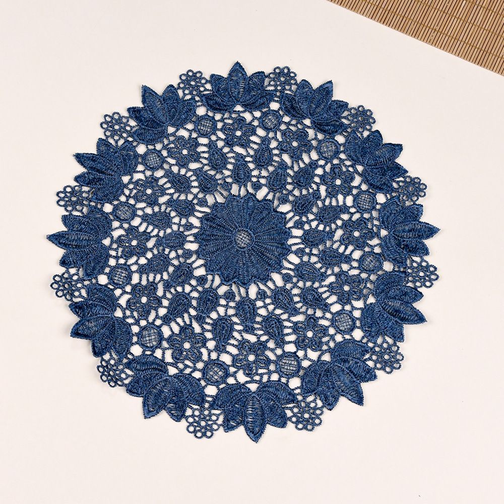 Blue embroidered heat-insulating coaster with anti slip hollow embroidery lace placemat, bowl and dish mat, ethnic style ornament（25cm）