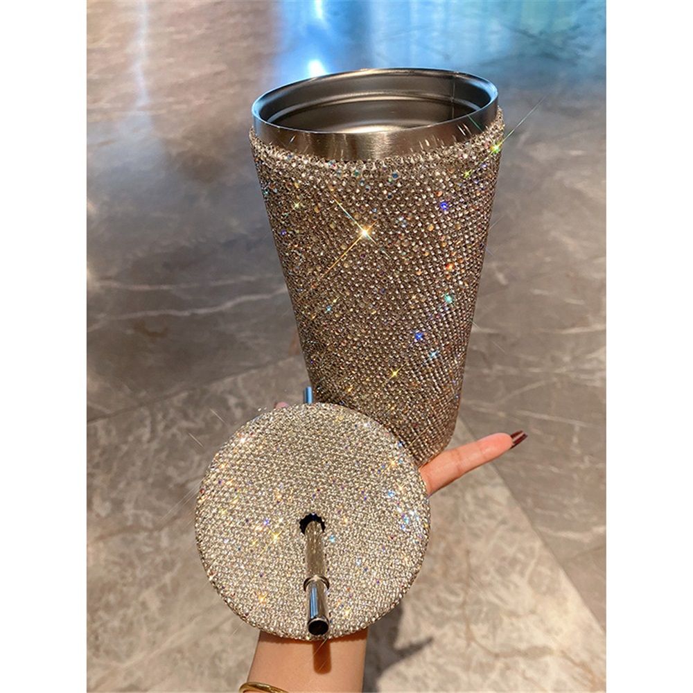 Diamond Bling Water Tumbler With Lid And Straw, Vacuum Insulated Stainless Steel, Reusable Large Handmade Sparkly Tumbler for Women, Mixed white diamond