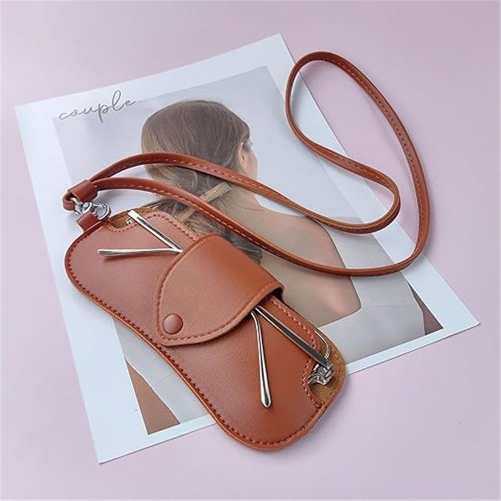PU leather myopia glasses case, neck hanging sunglasses storage bag, portable pressure resistant thick leather glasses bag(Brown)