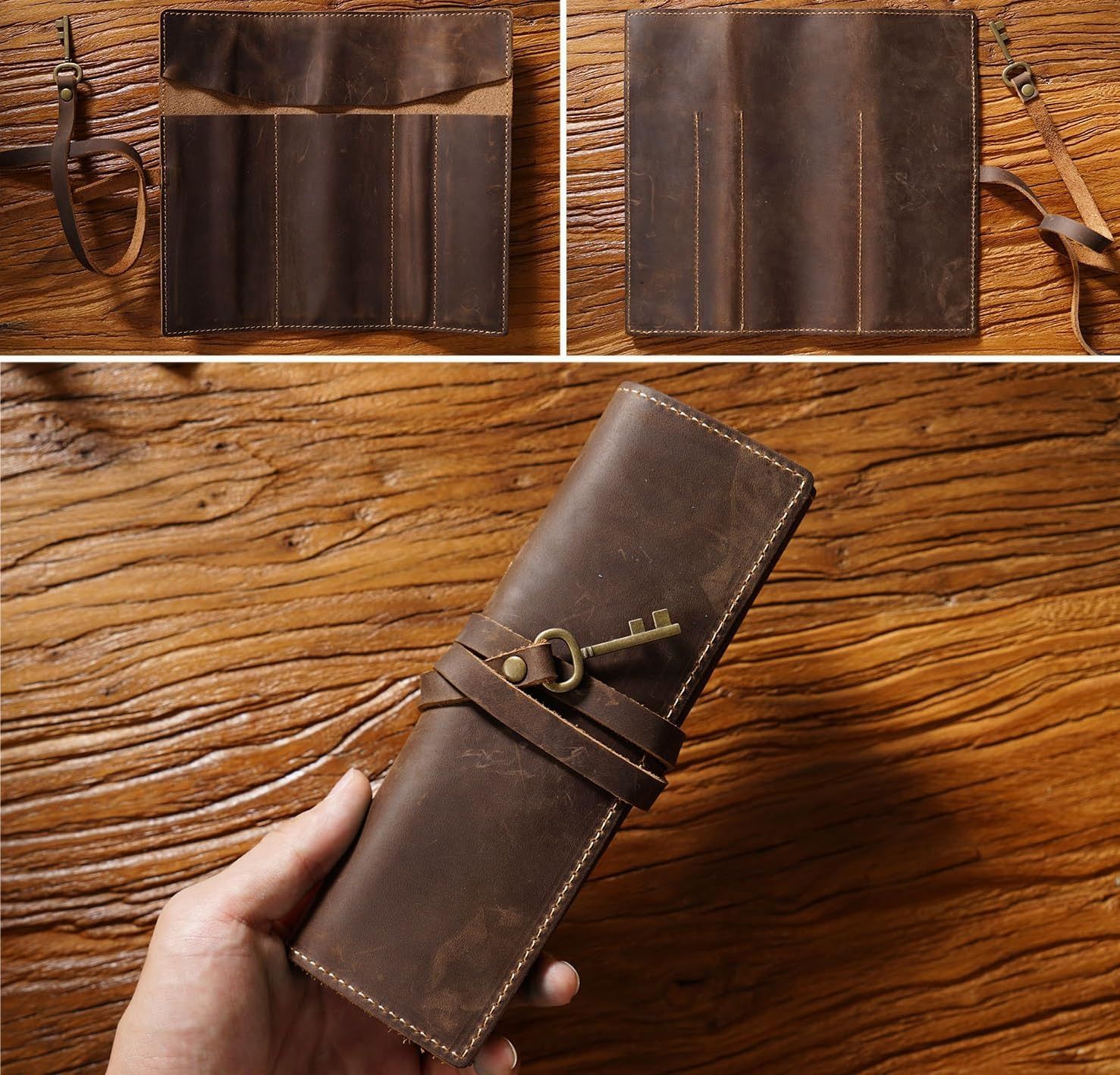 Leather Pen Case Imitation Cowhide Pen Curtain Partition Pencil Case Multifunctional Large Capacity Roll Up Pencil Case Brownprotective Cover ( Brown)