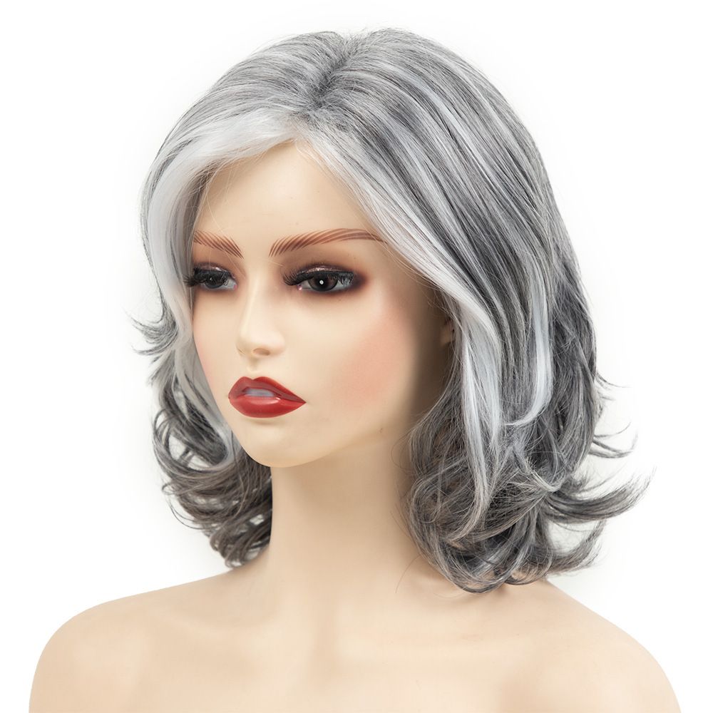 Grey Curly Wavy Wig for Women Mid-Length Gray Synthetic Natural Looking Heat Resistant Halloween Cosplay Wig