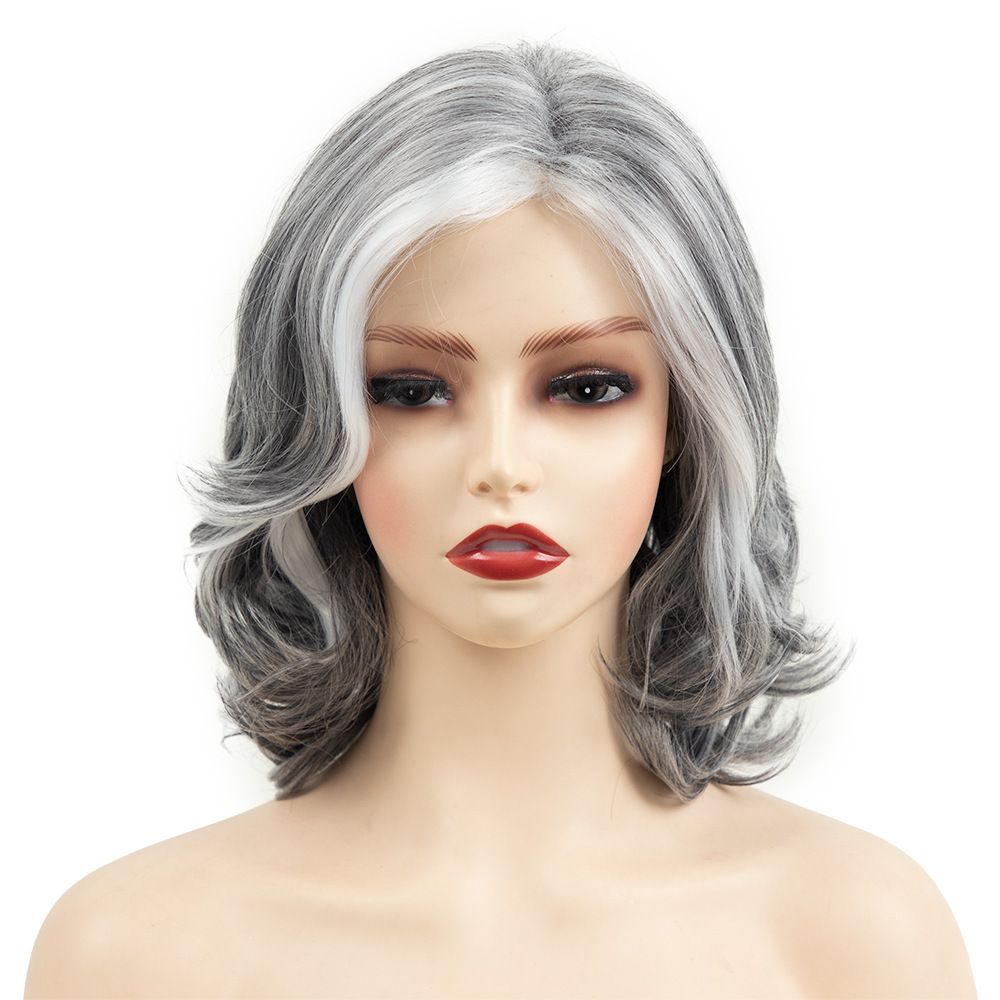 Grey Curly Wavy Wig for Women Mid-Length Gray Synthetic Natural Looking Heat Resistant Halloween Cosplay Wig