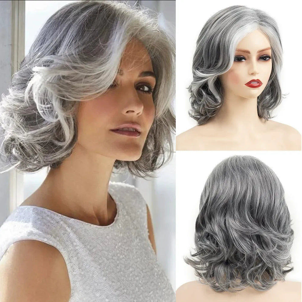 Grey Curly Wavy Wig for Women Mid-Length Gray Synthetic Natural Looking Heat Resistant Halloween Cosplay Wig