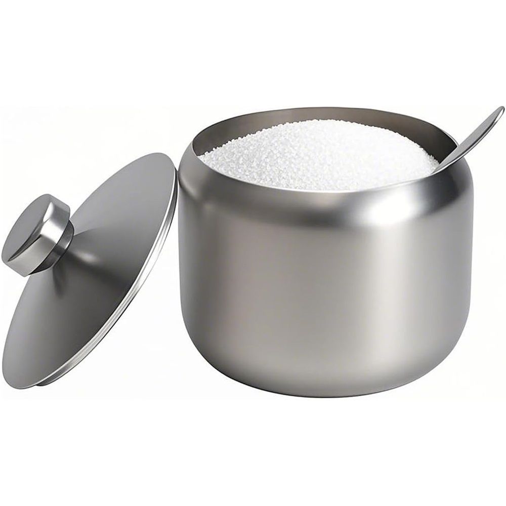 Stainless Steel Sugar Bowl, with Lid and Spoon, Silver, Round, Geometric Pattern, Durable, Rust Resistant, Dishwasher Safe, Home and Kitchen Storage