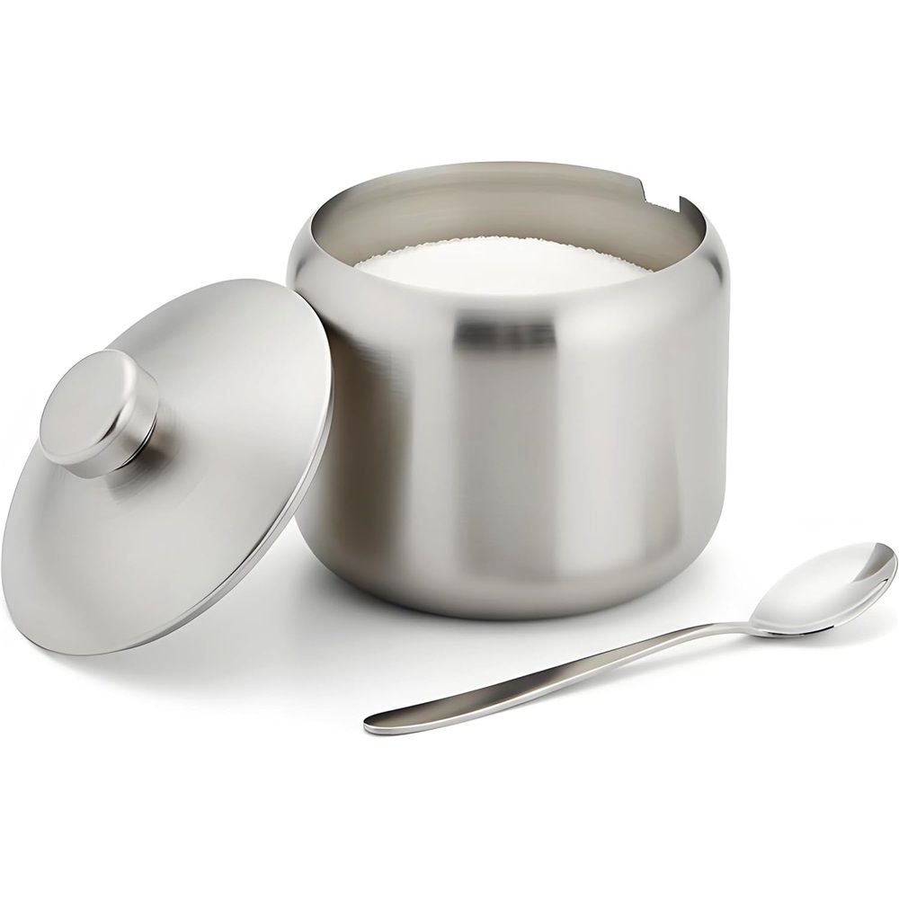 Stainless Steel Sugar Bowl, with Lid and Spoon, Silver, Round, Geometric Pattern, Durable, Rust Resistant, Dishwasher Safe, Home and Kitchen Storage