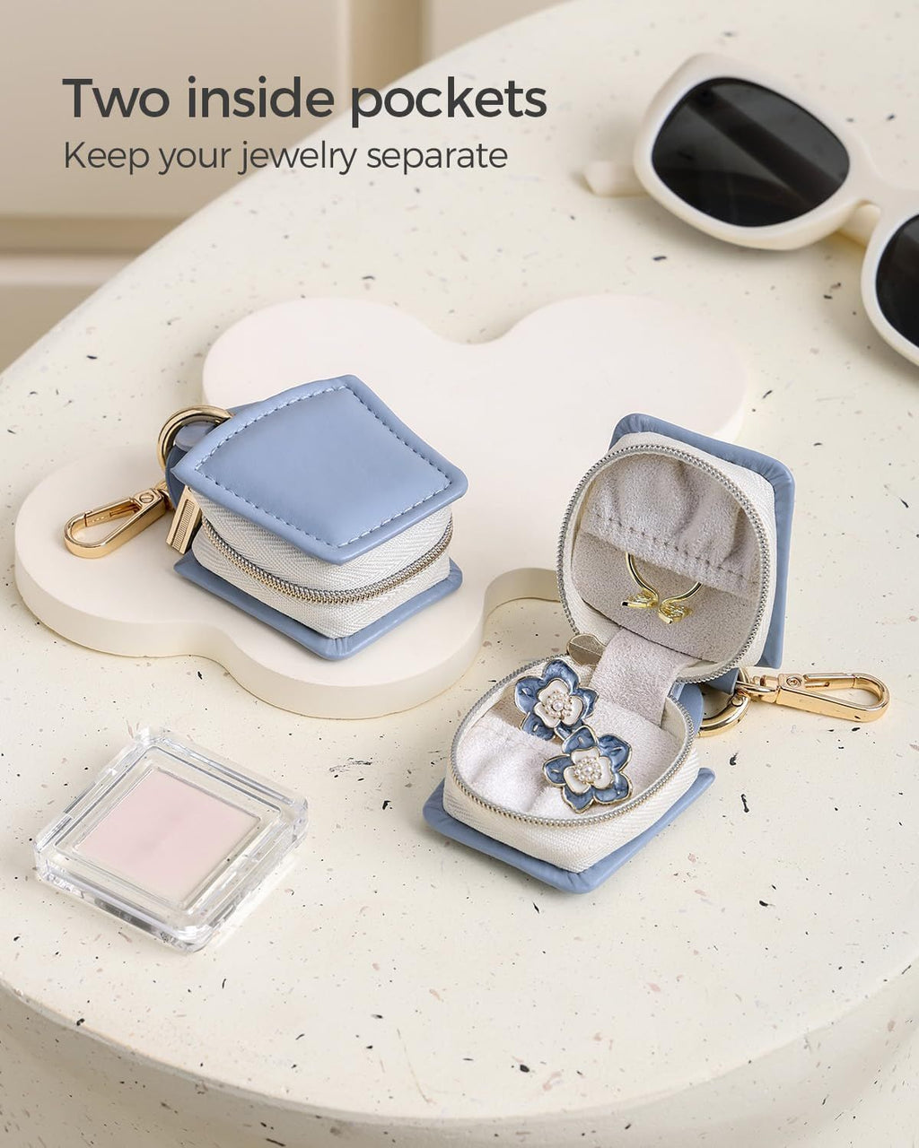 2pcs Ring holder Keychain for jewelry,Portable Mini Gym Travel Jewelry Case for Earrings, Rings, Necklaces Man and Women (Blue)