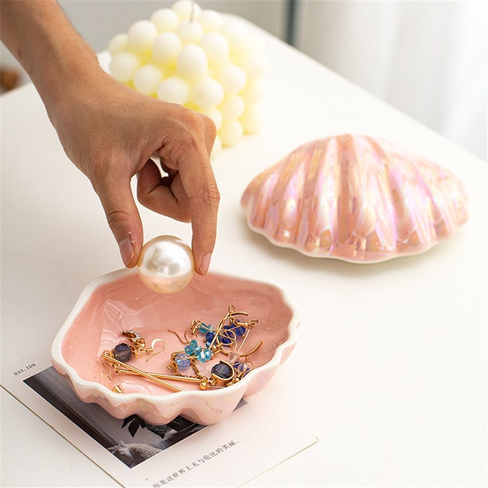 Jewelry Dish Tray, Ceramic Trinket Tray Clamshell Jewelry Storage Dish, Ring Holder Dish Key Bowl, Decorative Jewelry Plate, Cute Jewelry Organizer for Room Decor (Pink)