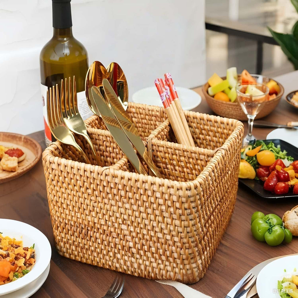 Natural Rattan 4 Compartments Cooking Utensil Silverware Organizer Holder Cosmetics Storage Box Cutlery Caddy Flatware Serving Basket