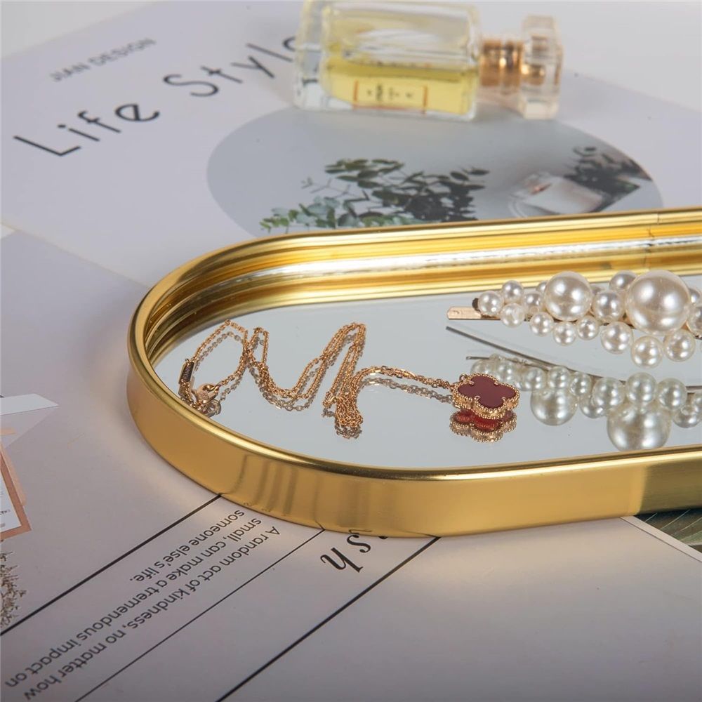 Mirrored Bathroom Vanity Tray,Gold Decorative Organizer Tray, Jewelry Perfume Trays for Dresser Makeup Holder for Women (Oval-medium size)