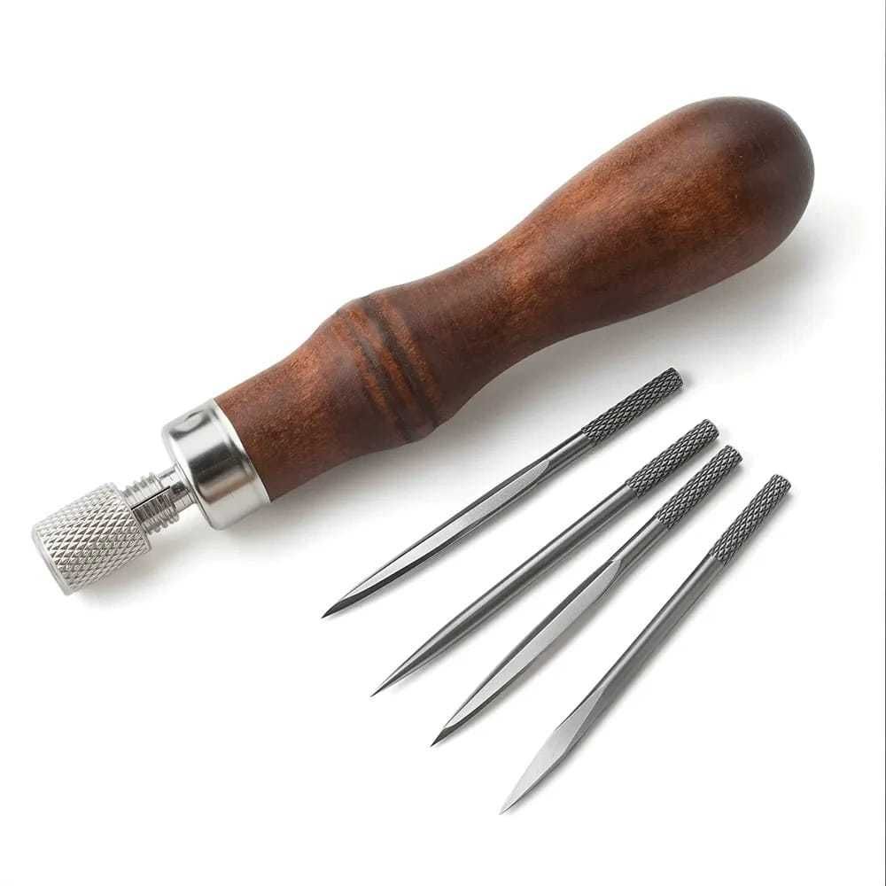 4 in 1 Wooden Handle Leather Craft Sewing Kit  DIY Hole Punch Tool for Leather Sewing Hand Stitching