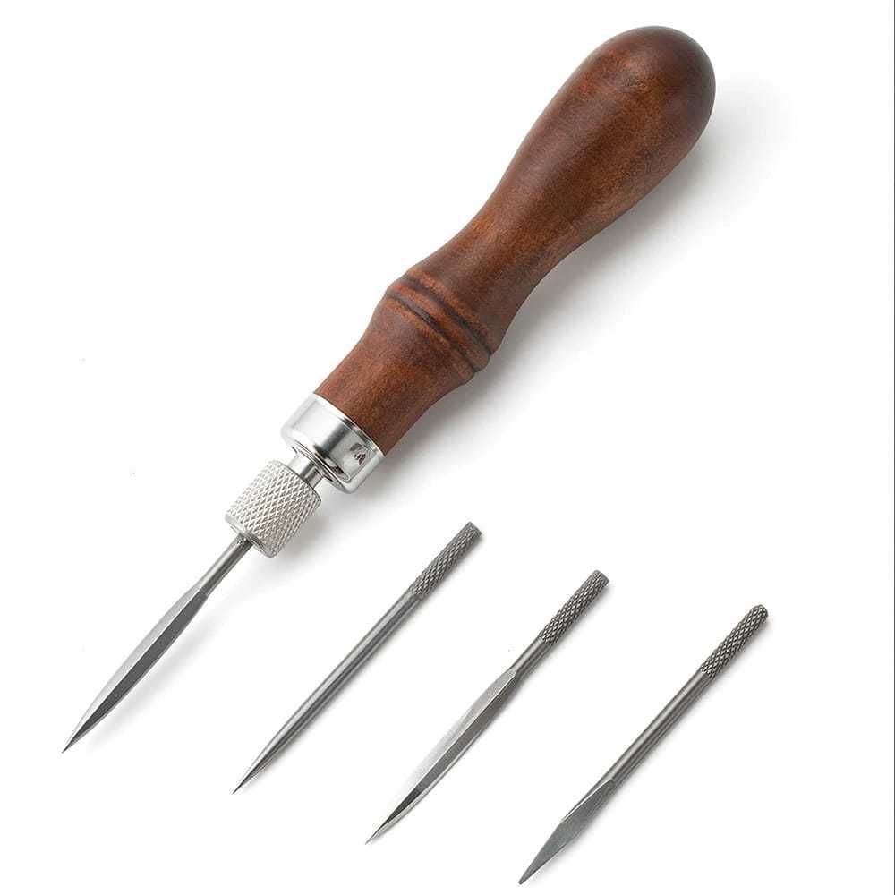 4 in 1 Wooden Handle Leather Craft Sewing Kit  DIY Hole Punch Tool for Leather Sewing Hand Stitching
