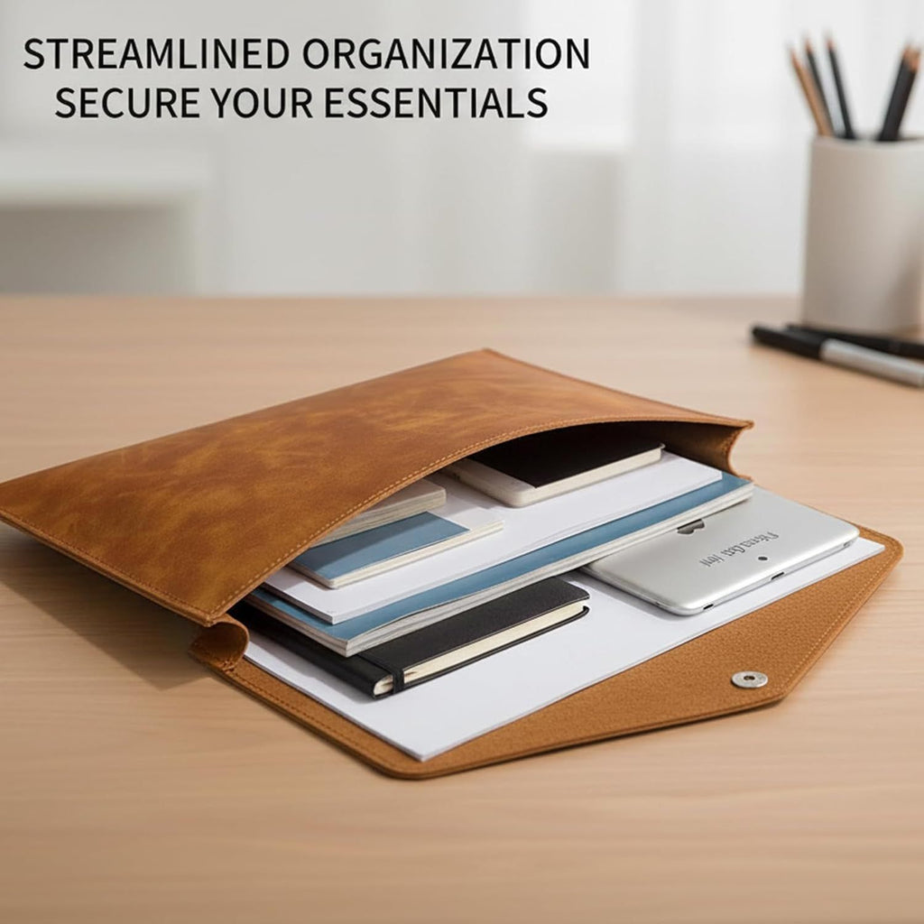A4 PU Leather Envelope Documents File Portfolio Large Capacity Folders Travel Bag for Paper Letter Stationery Organizer and Tablet Case PC Sleeve (light brown）