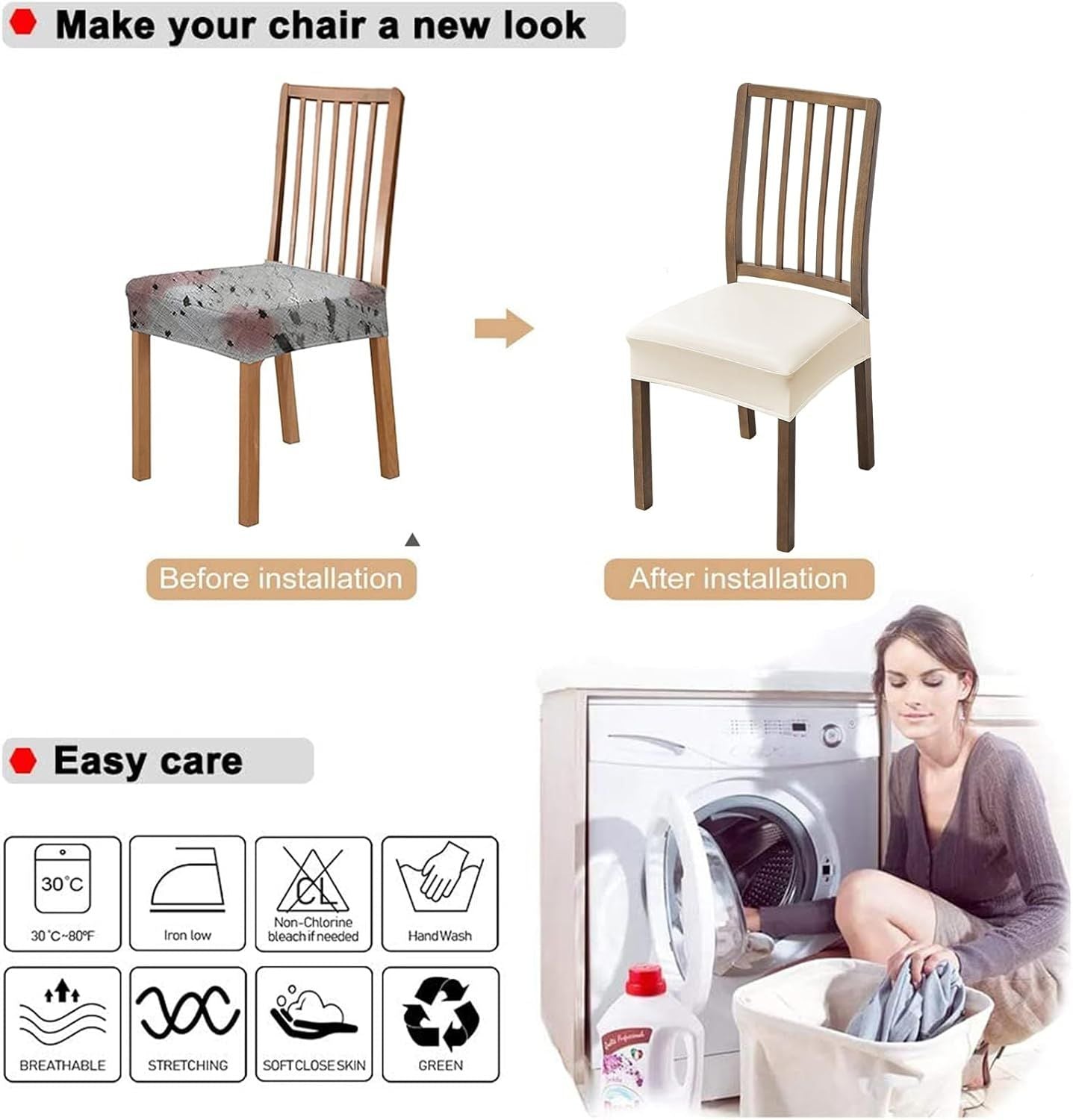 Waterproof Pu Leather Seat Covers for Dining Room Chairs Set of 4, Stretch Fit Removable Washable Kitchen Chair Seat Slipcovers Protector, white