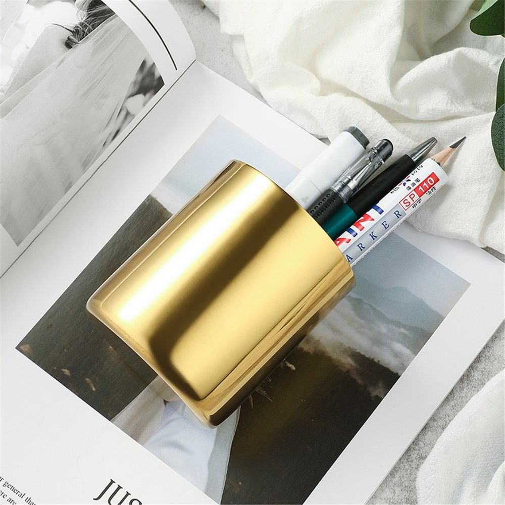 Desk Organizer Pen & Pencil Holder -, Gold Stainless Steel - Desk Supply Organizer with Gold Pen Cup, Makeup Brush Cup & Vanity Brush Holder
