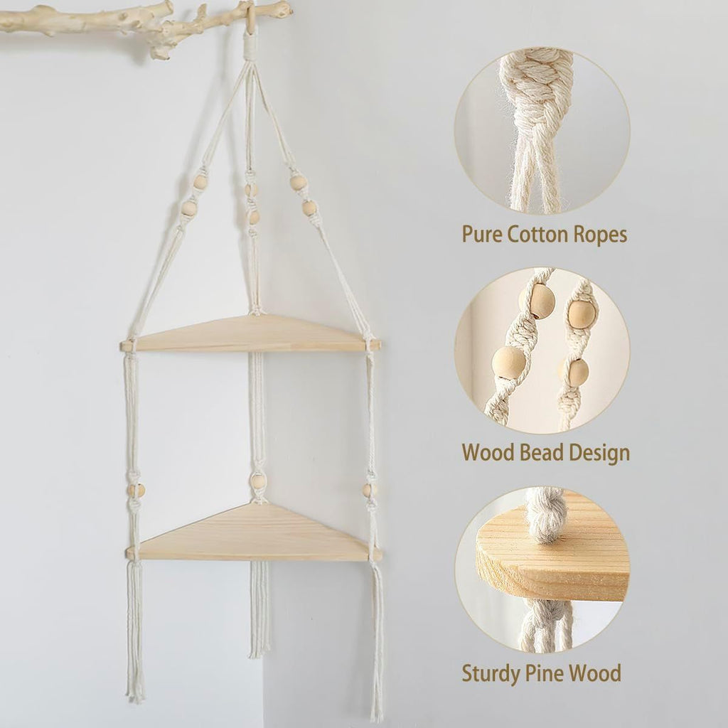 Double layer Bohemian cotton rope hand woven shelf, triangular wooden crafts, home decoration, flower pot storage(white 90*32.5cm)