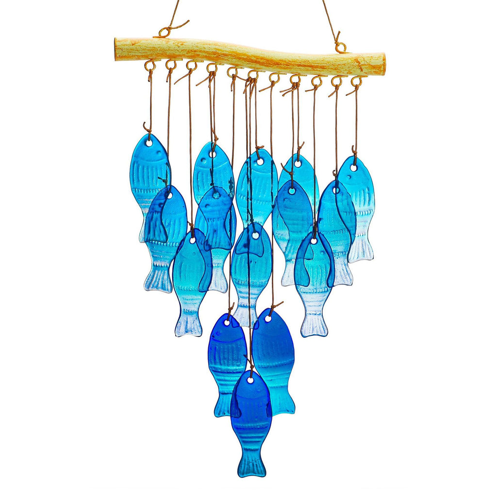 23" Blue Glass Sea Wind Chimes - Handcrafted Fish Wind Chimes for Outside, Beach Party & Wedding Decor
