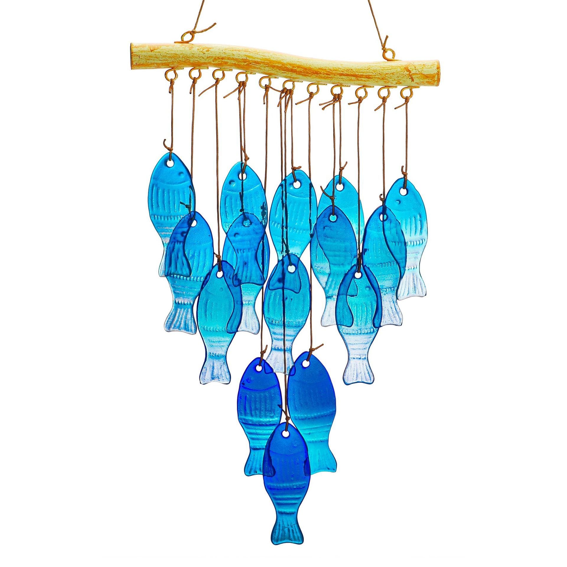 23" Blue Glass Sea Wind Chimes - Handcrafted Fish Wind Chimes for Outside, Beach Party & Wedding Decor