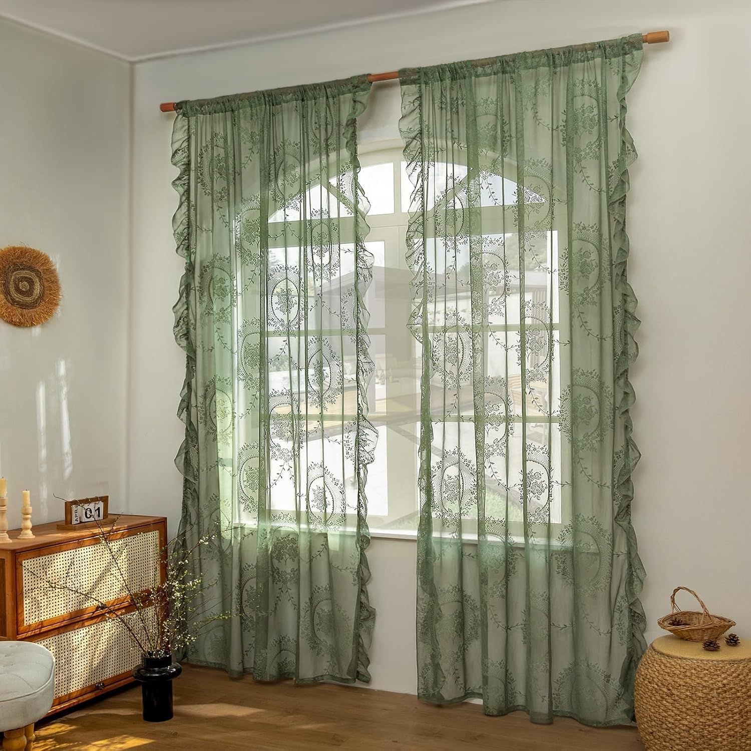 Green Lace Curtain Ruffles Sheer Curtain for Girls Bedroom Rod Pocket Voile Drapes Light Filtering Tulle for Dining Living Room, 2 Panels 140*100cm