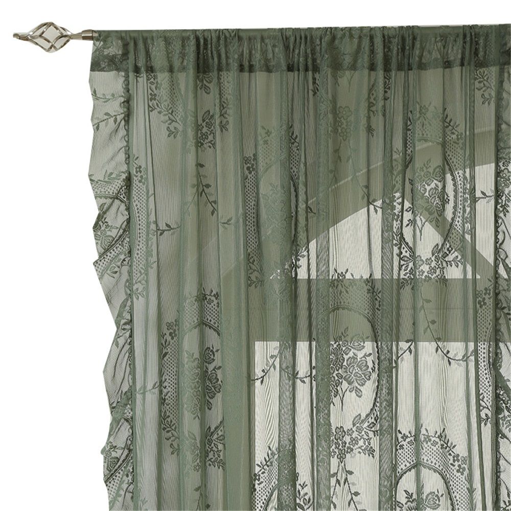 Green Lace Curtain Ruffles Sheer Curtain for Girls Bedroom Rod Pocket Voile Drapes Light Filtering Tulle for Dining Living Room, 2 Panels 140*100cm