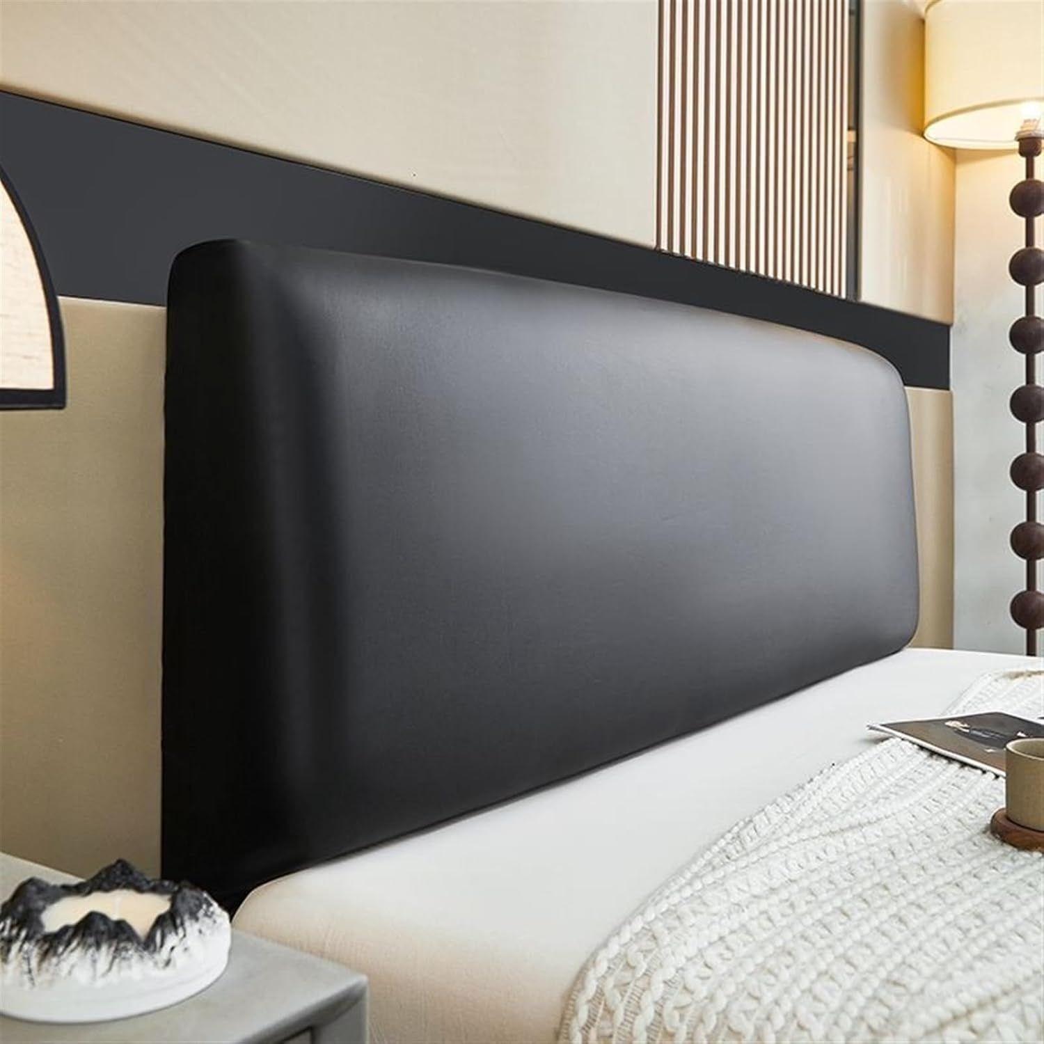 Waterproof PU Leather Stretch Bed Headboard Cover Wipeable Headboard Slipcover Dustproof Bed Head Cover for Bedroom (Black,180CM*70CM)