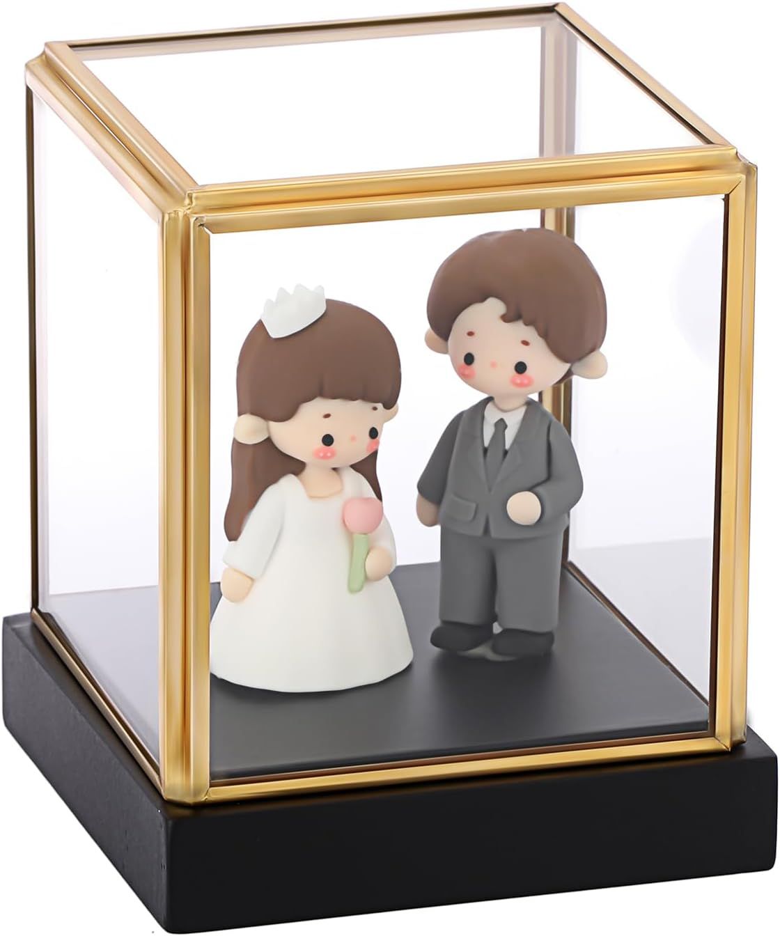 Glass Display Case for Collectibles Vintage Gold Display Box with Black Wood Base for Plants Action Figurine Models Clear Keepsake Box, Square, 3.3x3.3x3.6 Inch