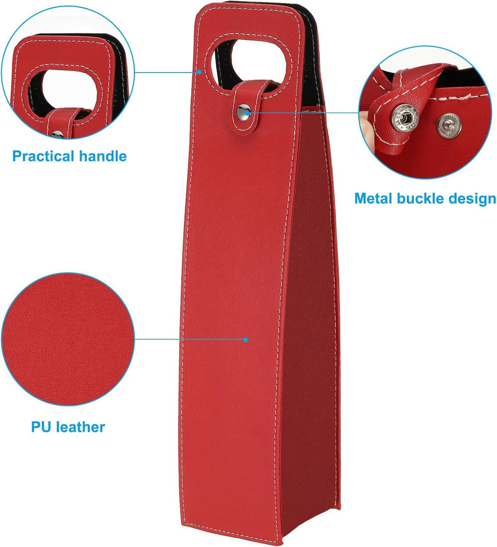 Reusable Leather Wine Tote Carrier for Bottles - Portable Champagne Gift Bags for Picnic, Party, Wedding（Red）