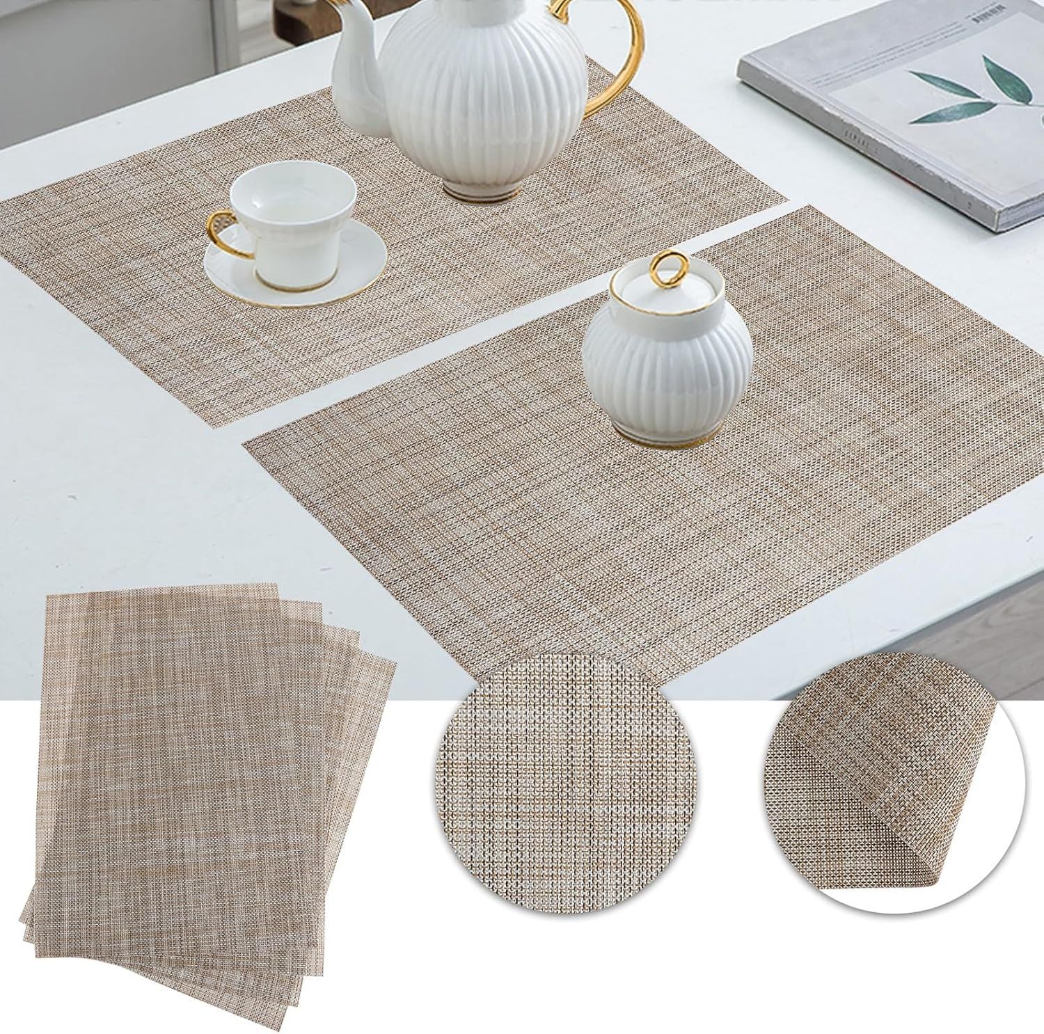 Beige Placemats Set of 4- Heat Resistant Non-Slip Place mats for Dining Table, Washable Durable PVC Woven Table Mats (Beige, 4)