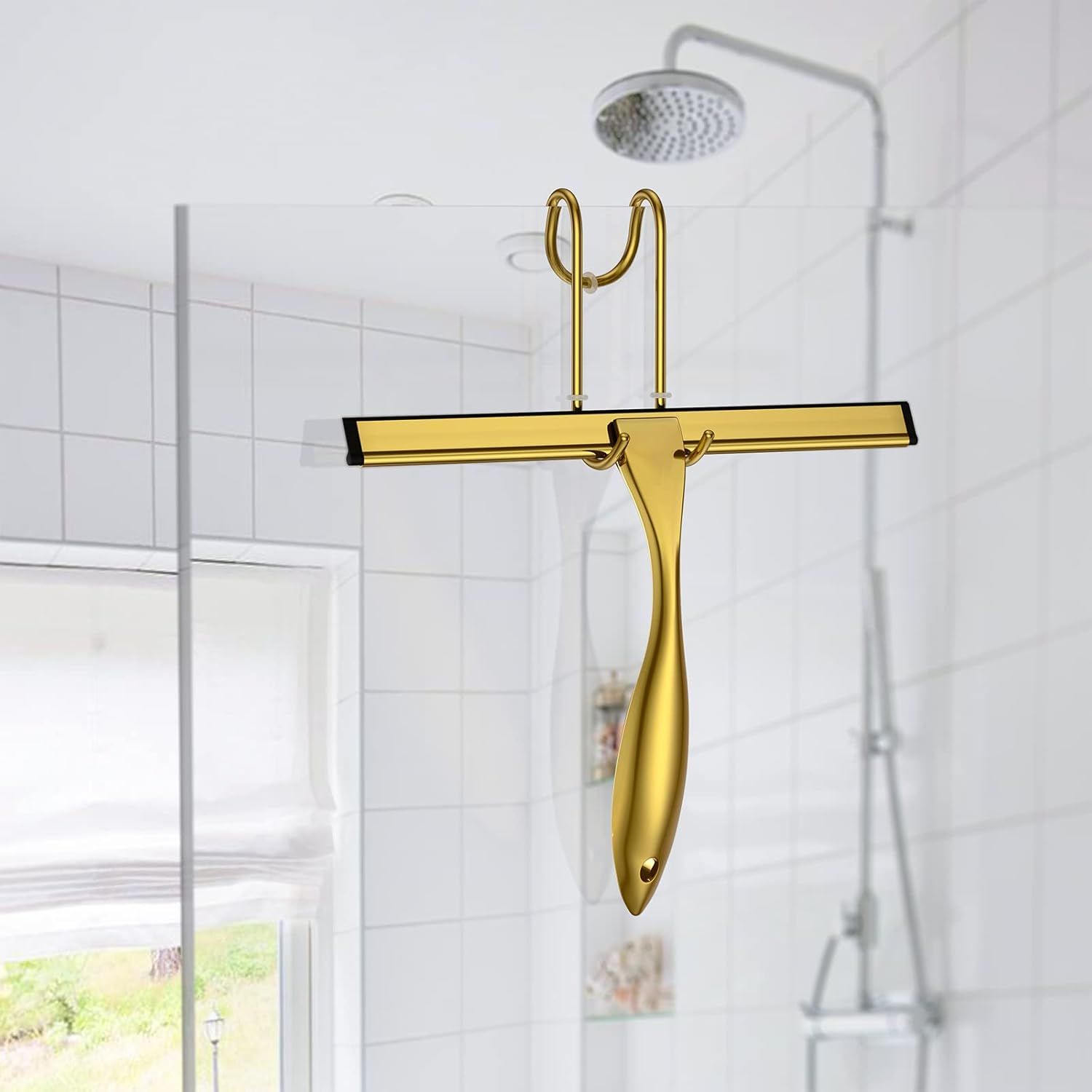 Shower Squeegee and Window Squeegee, Stainless Steel, Cleaner for Bathroom Showers Glass Doors, Home Mirrors, Car Windows Wiper, 10 Inch, Gold