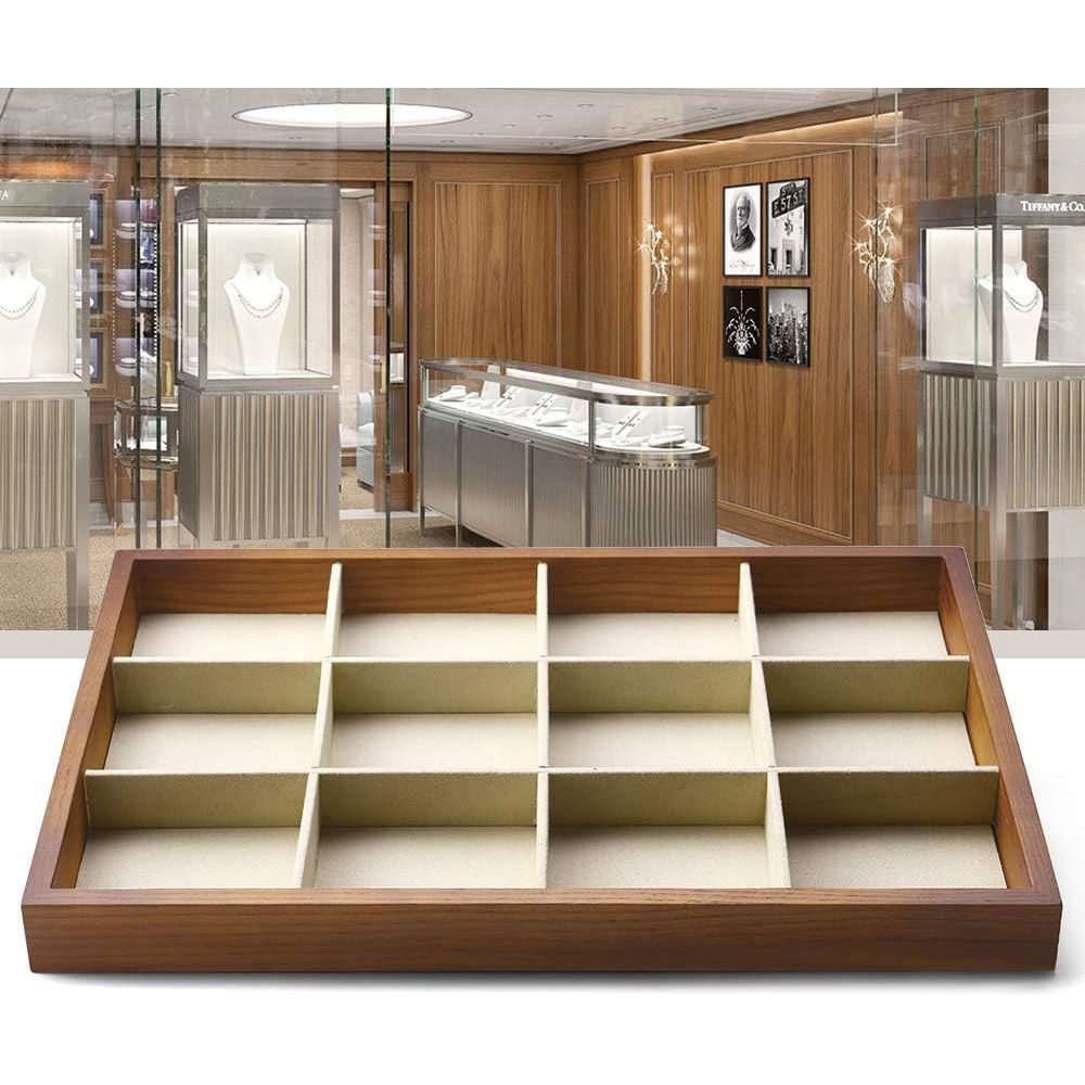 12 Grids Wood Jewelry Organizer Tray Stackable Jewelry Drawer Tray Bracelet/Watch Showcase Display Storage(beige)