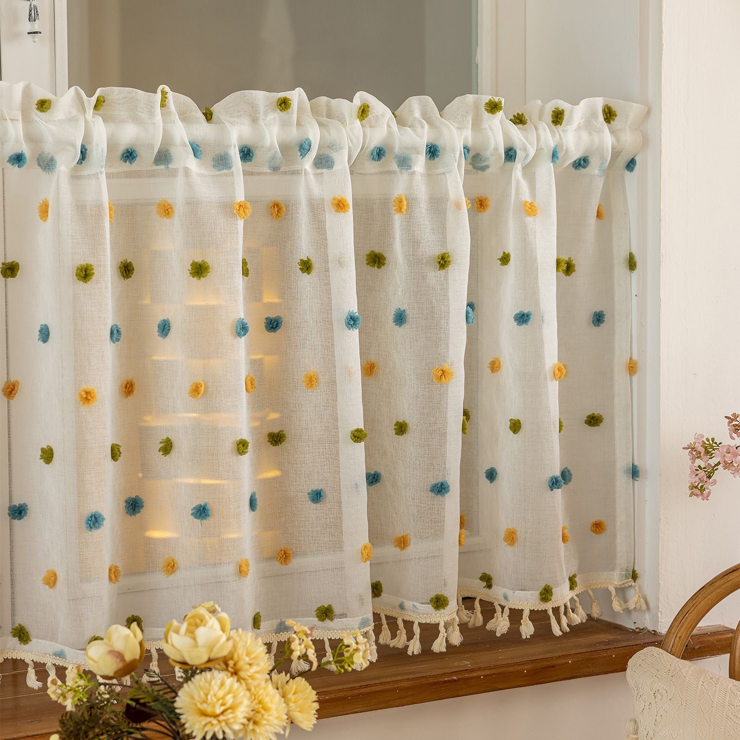 Panels Boho Kitchen Tier Curtains , Rod Pocket Small Cafe Curtain, Light Filtering Short Curtains for Living Nursery Room Bathroom (Blue green yellow，100*60cm)