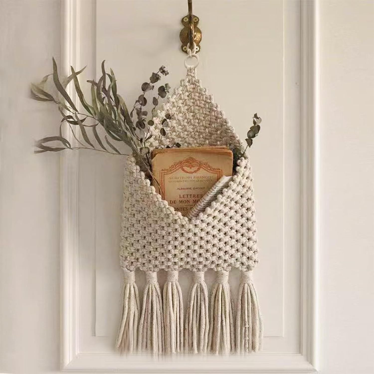 Hanging Woven Basket for Boho Home Office Decor, Over the Door Key and Mail Letter Envelope Holder for Entryway Hallway,white